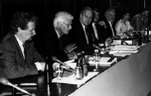 Mainzer Tage der Fernsehkritik 1991: Peter Voß, Winfried Scharlau, Manfred Jenke, David Marsh, Luc Leysen, Inas Nour und Nikolaus Brender 